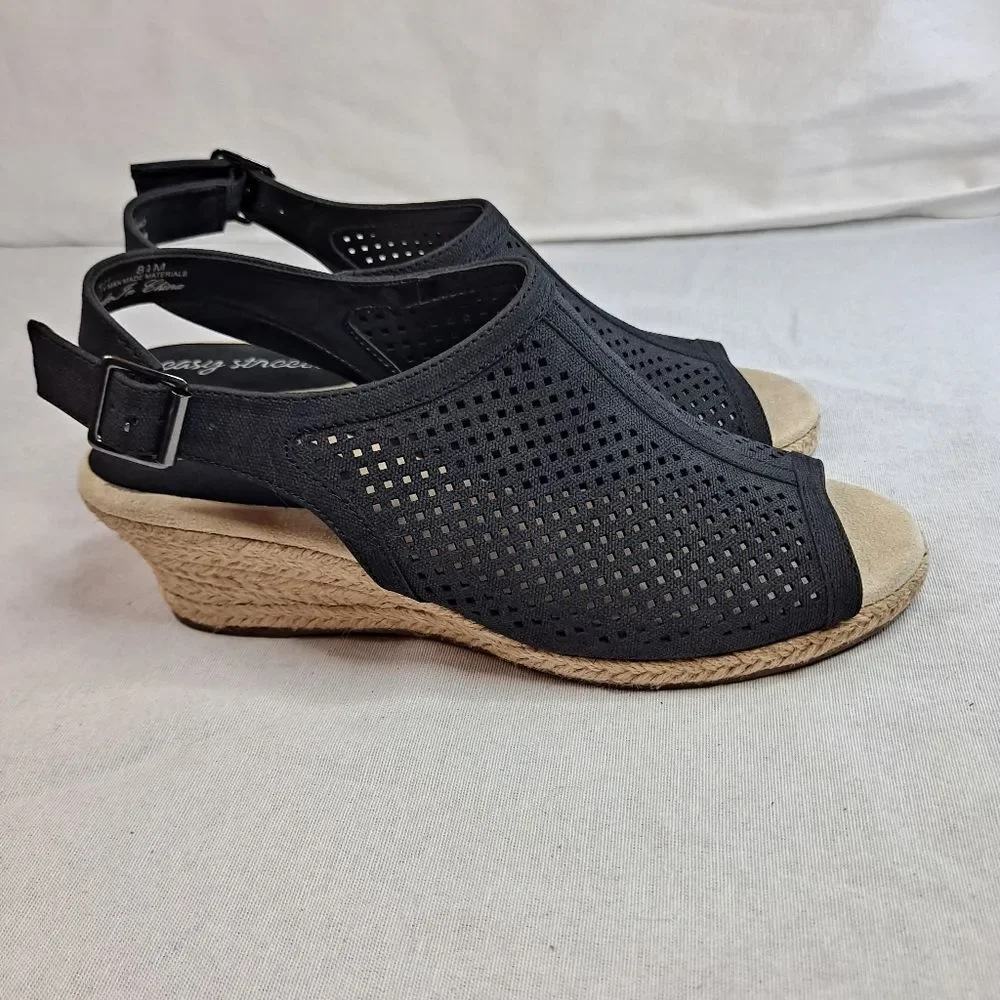 Easy Street Women's Stacy Espadrille Sandals Size 8.5M Black Perforated Wedges